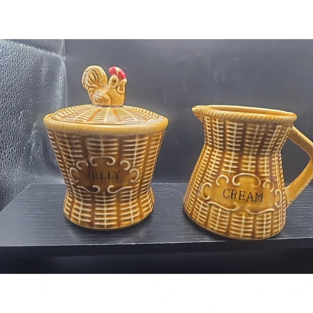 Vintage Basket Weave Rooster Mid-Century Jelly and‎ Sugar Bowl Set of 2  Japan